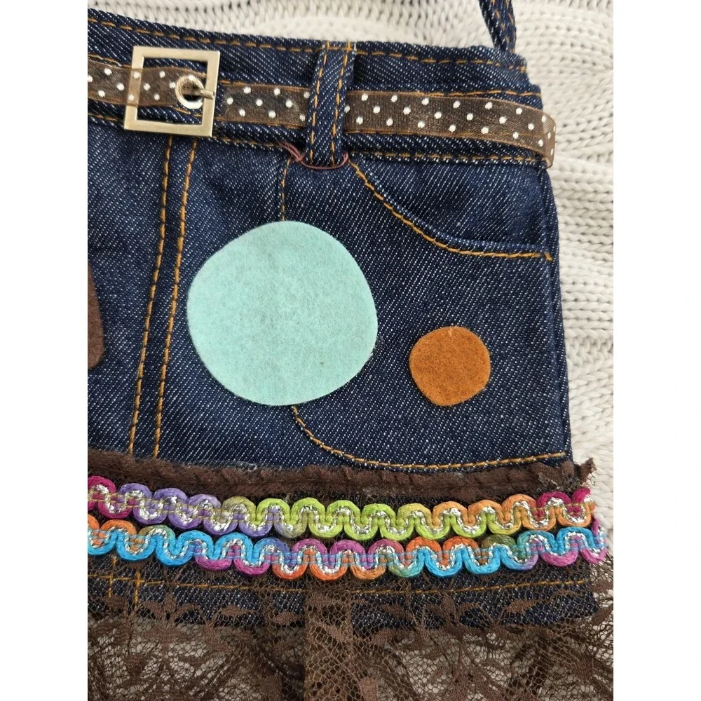 Denim Skirt Purse Child Size Adjustible Shoulder Strap Lace Bottom Zip Closure